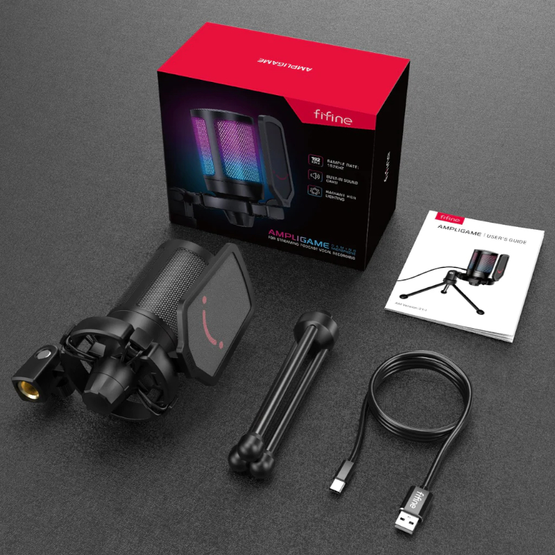 FIFINE MIC A6V Ampligame USB RGB Microphone with Pop Filter - Shock Mount - Round Stand